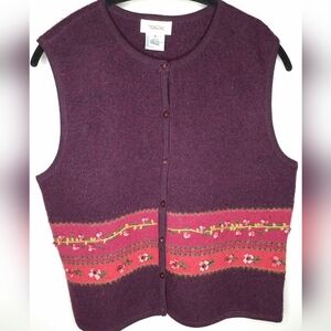 Vintage Talbots Bordo Lambswool Granny Core Embroidered Cardigan Vest Medium